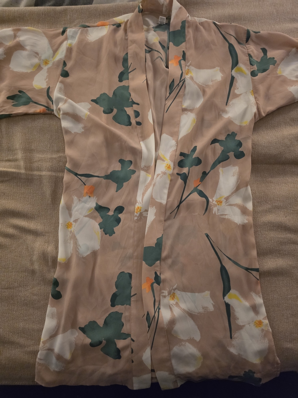 a new day Peach Floral Open Kimono with Green & Orange Accents